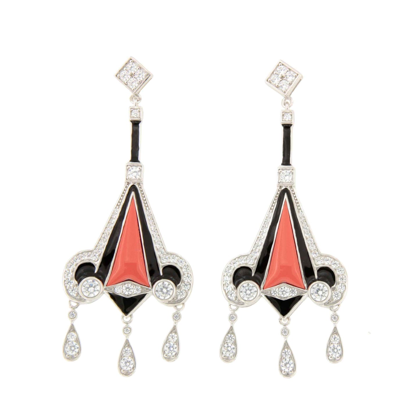 Pendientes CHARLOT largos en esmalte negro y coral