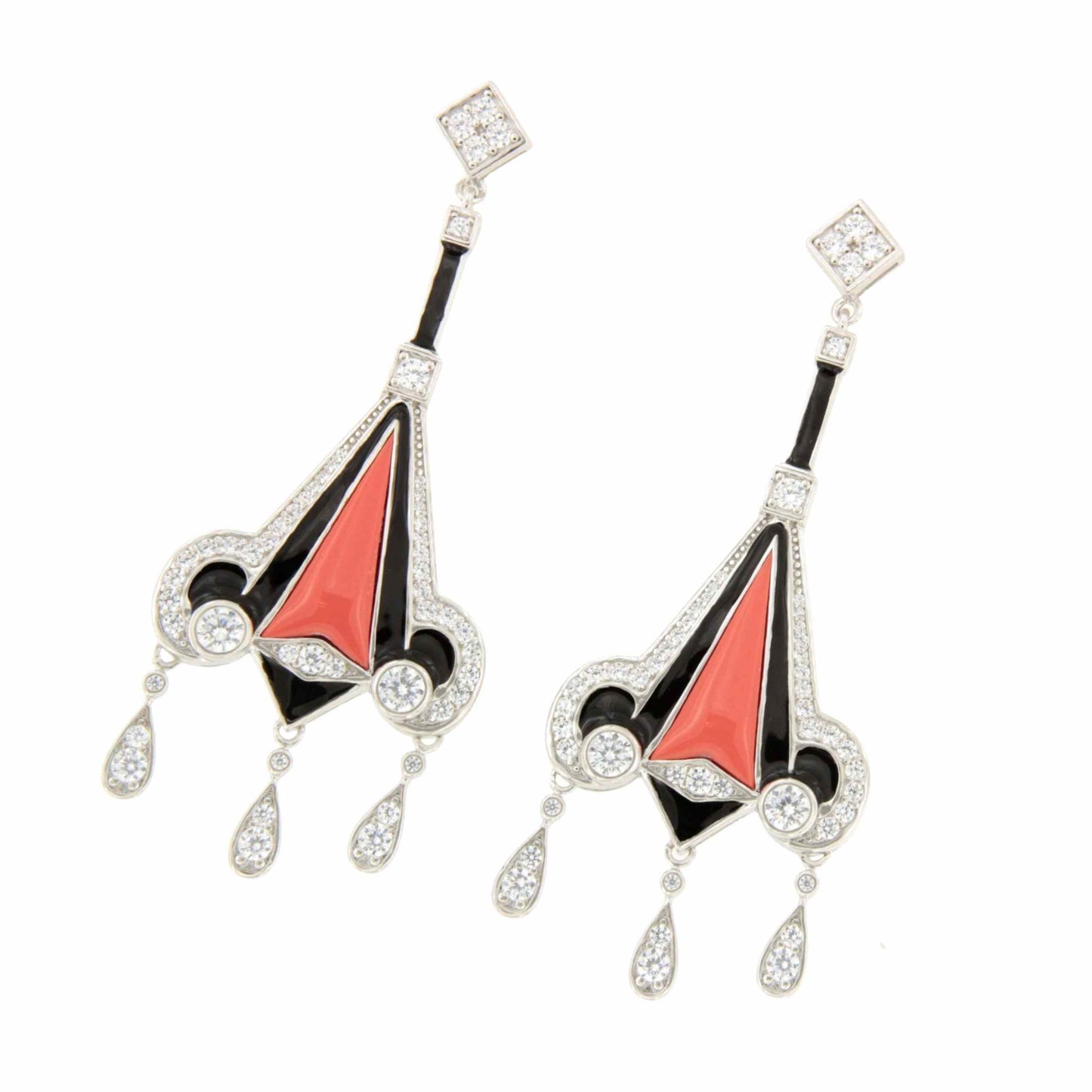 Pendientes CHARLOT largos en esmalte negro y coral