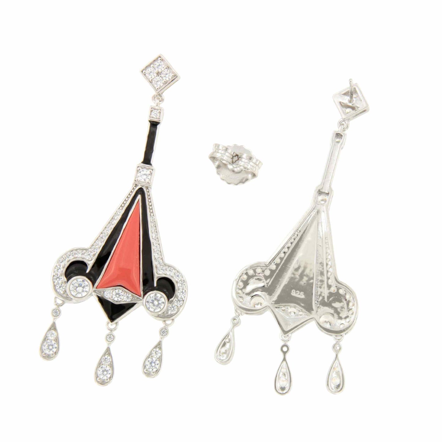 Pendientes CHARLOT largos en esmalte negro y coral