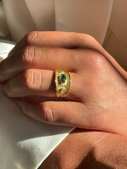 Anillo BACALAR plata con baño de oro 18 kilates, cuarzo verde y circonita
