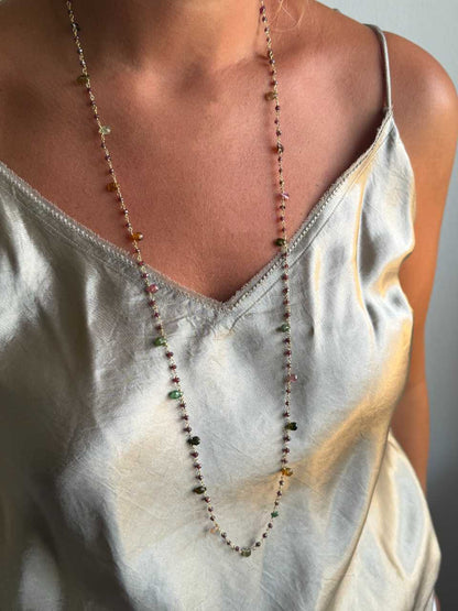 Bone necklace in sterling silver with 18k gold plating and tourmalines