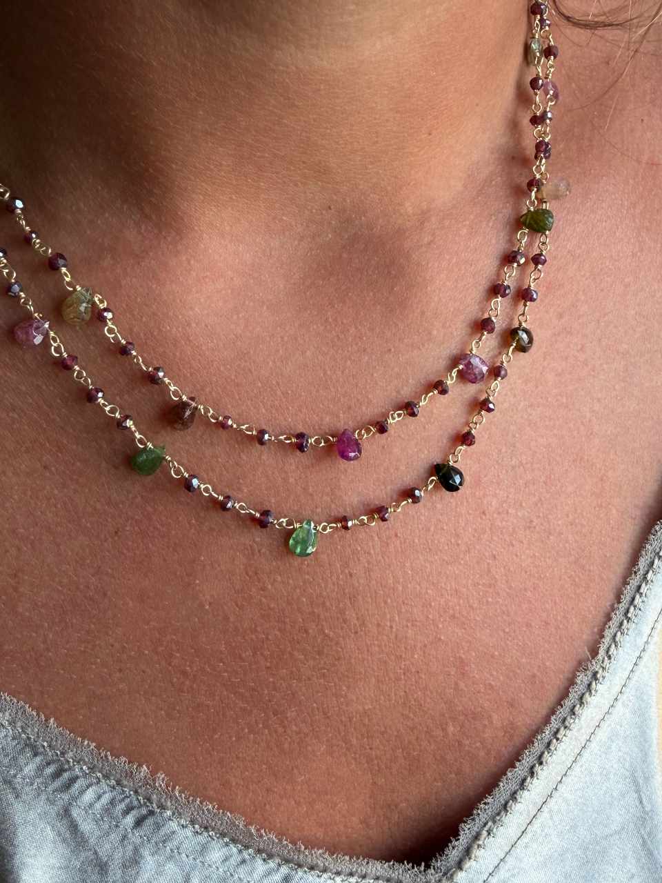 Bone necklace in sterling silver with 18k gold plating and tourmalines