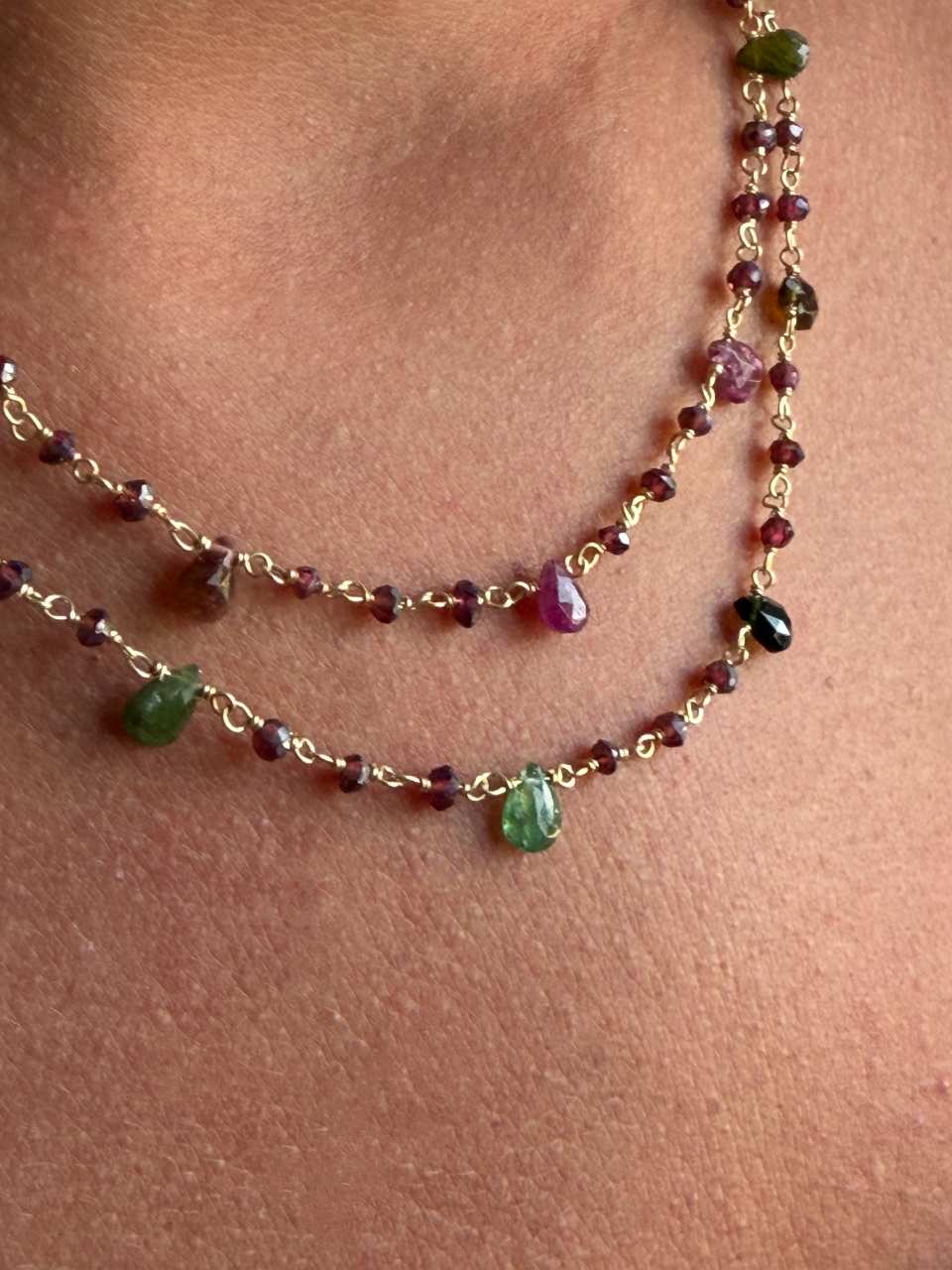Bone necklace in sterling silver with 18k gold plating and tourmalines