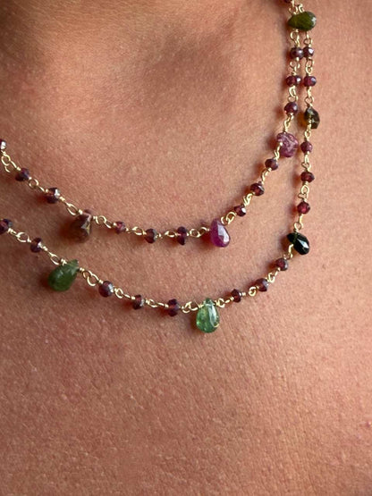 Bone necklace in sterling silver with 18k gold plating and tourmalines