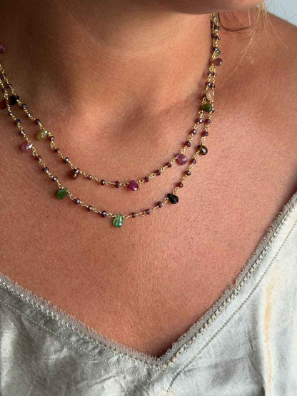 Bone necklace in sterling silver with 18k gold plating and tourmalines