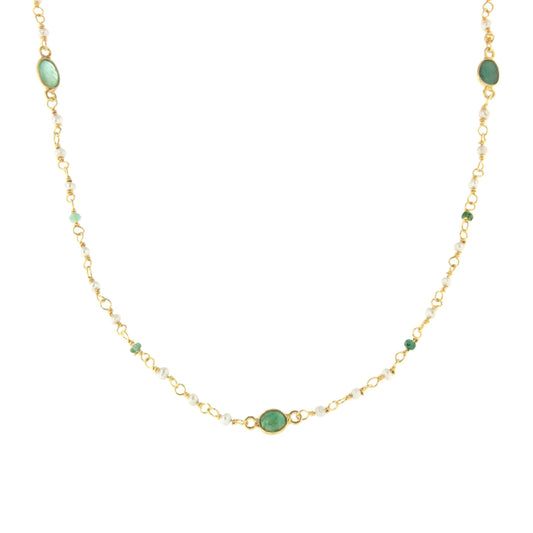 Collar MATCHA en plata de 1º ley con baño de oro 18 ktes , esmeraldas y perlas