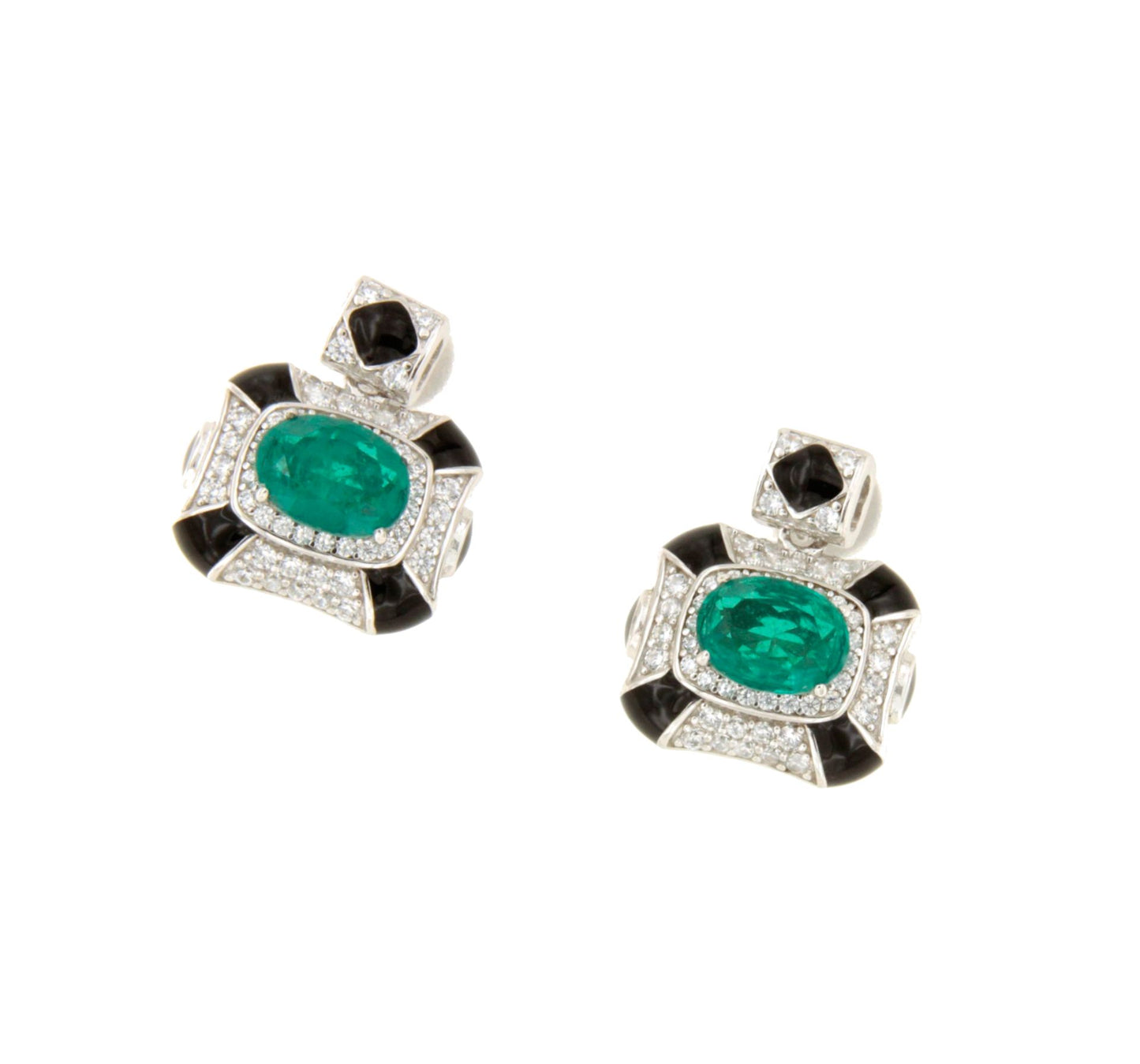 Pendientes cortos HELVIA en plata primera ley con cuarzo color esmeralda y esmalte