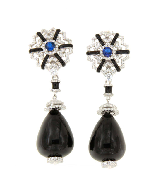 Pendientes largos VALERIA en plata primera ley con cuarzo color zafiro y esmalte