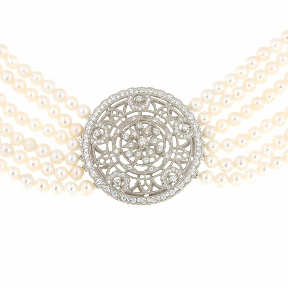 SISSI choker made of Chinese pearls with a silver center and cubic zirconia