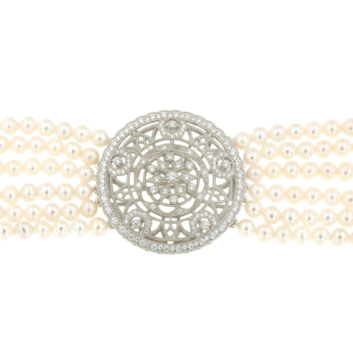SISSI choker made of Chinese pearls with a silver center and cubic zirconia