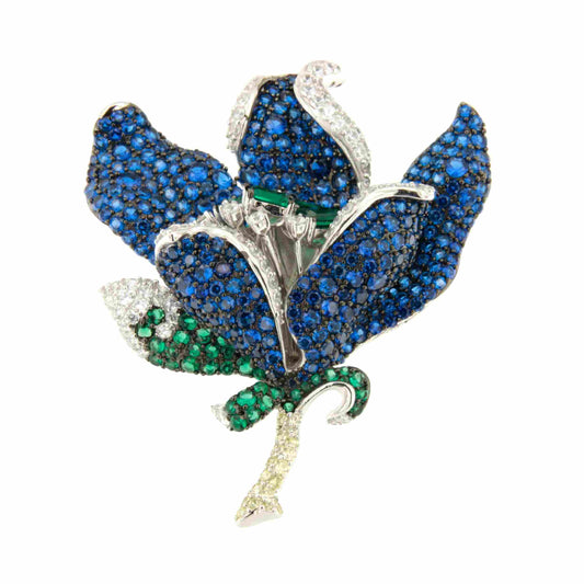 Broche MAGNOLIA flor de plata 925 ml con circonitas color zafiro y esmeralda