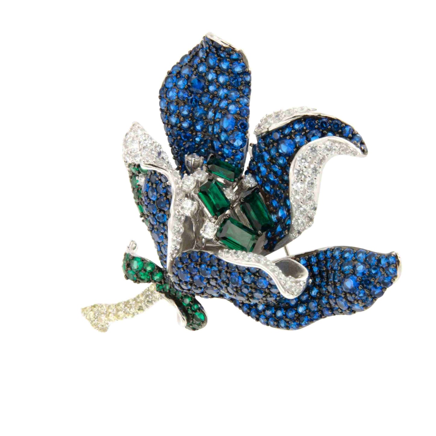 Broche MAGNOLIA flor de plata 925 ml con circonitas color zafiro y esmeralda