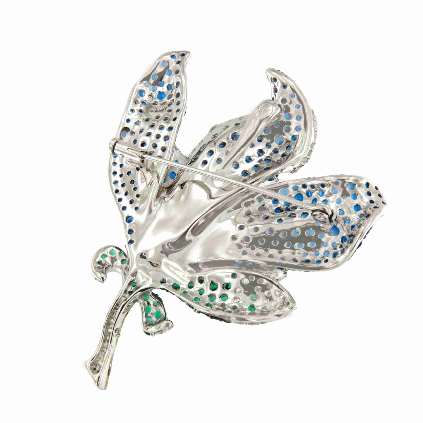 Broche MAGNOLIA flor de plata 925 ml con circonitas color zafiro y esmeralda