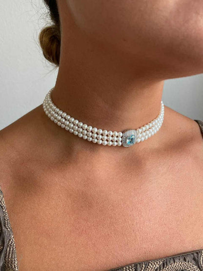 Choker LUNARIA de perlas chinas con centro de plata y circonitas blancas y aguamarina