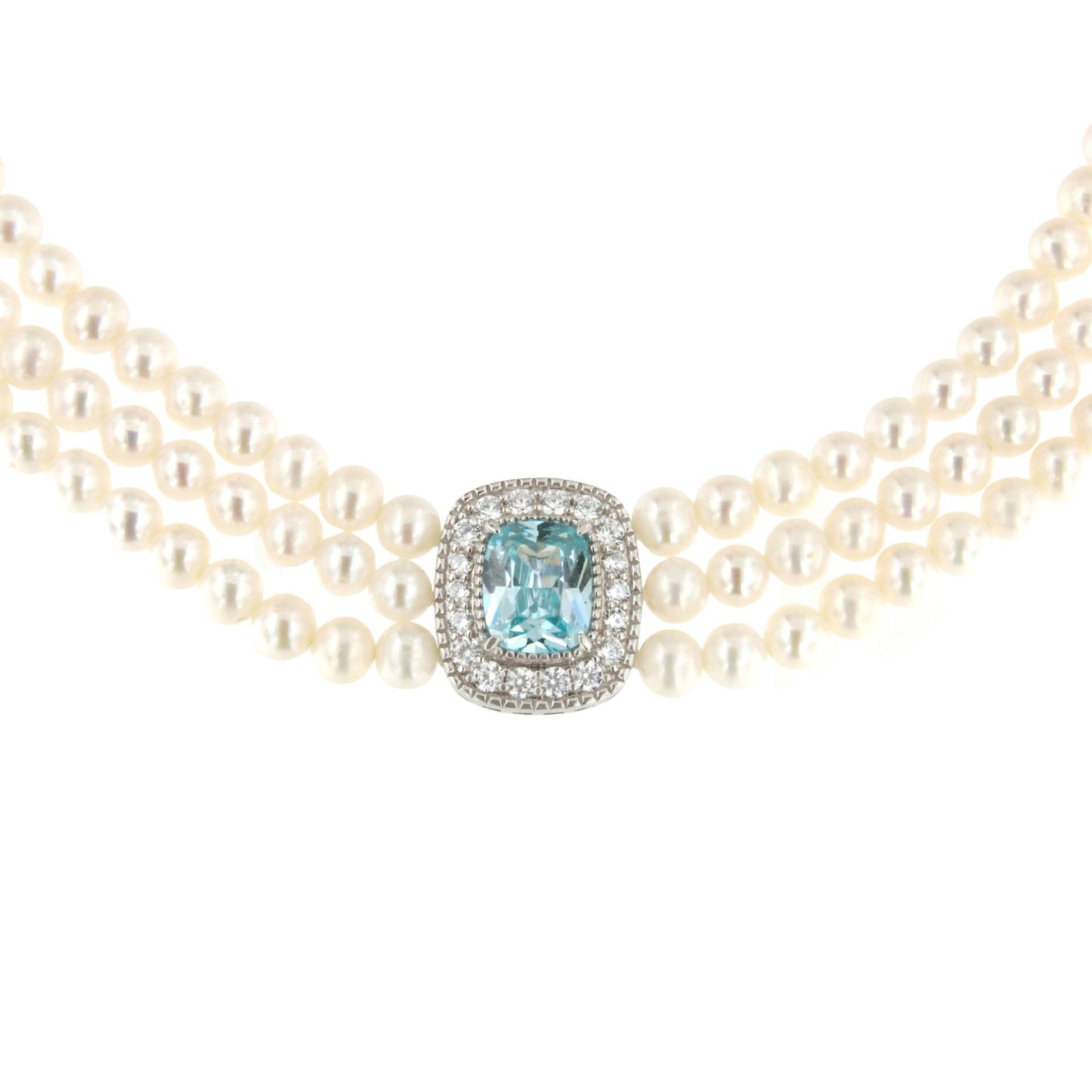 Choker LUNARIA de perlas chinas con centro de plata y circonitas blancas y aguamarina