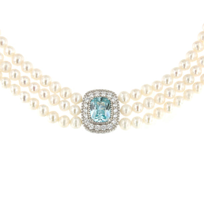 Choker LUNARIA de perlas chinas con centro de plata y circonitas blancas y aguamarina