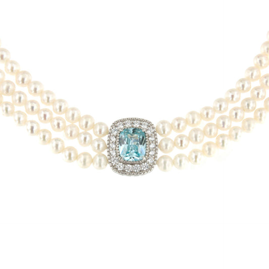 Choker LUNARIA de perlas chinas con centro de plata y circonitas blancas y aguamarina