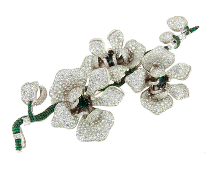Broche LACEA flor de plata 925 ml con circonitas blancas y esmeralda
