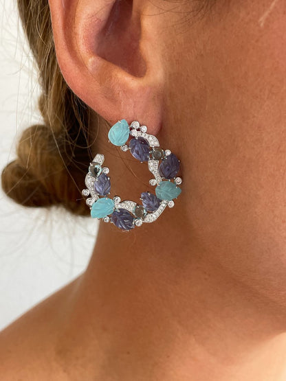 Argollas CORSE , en plata 1ª ley con tutti frutti azules y lila
