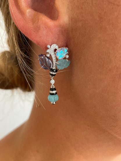 Pendientes PUNTILLA , en plata 1ª ley con tutti frutti azules y lila