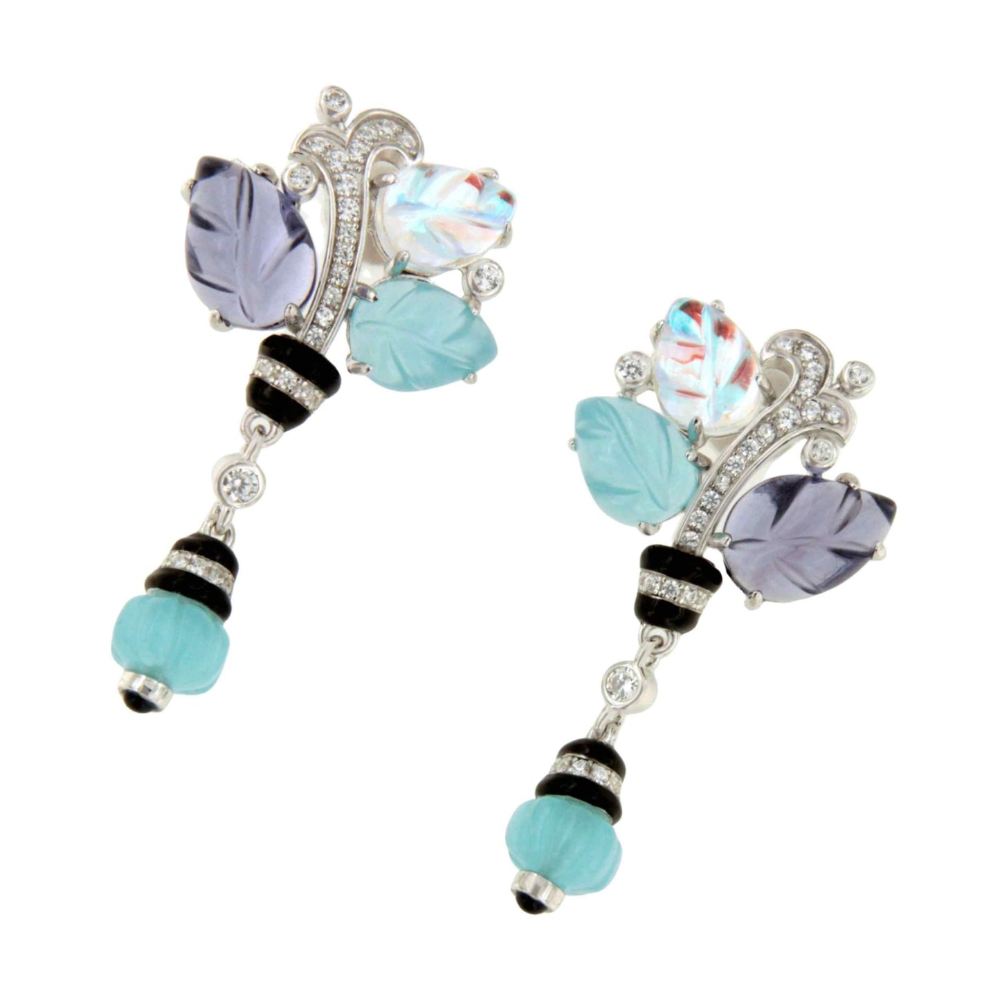Pendientes PUNTILLA , en plata 1ª ley con tutti frutti azules y lila