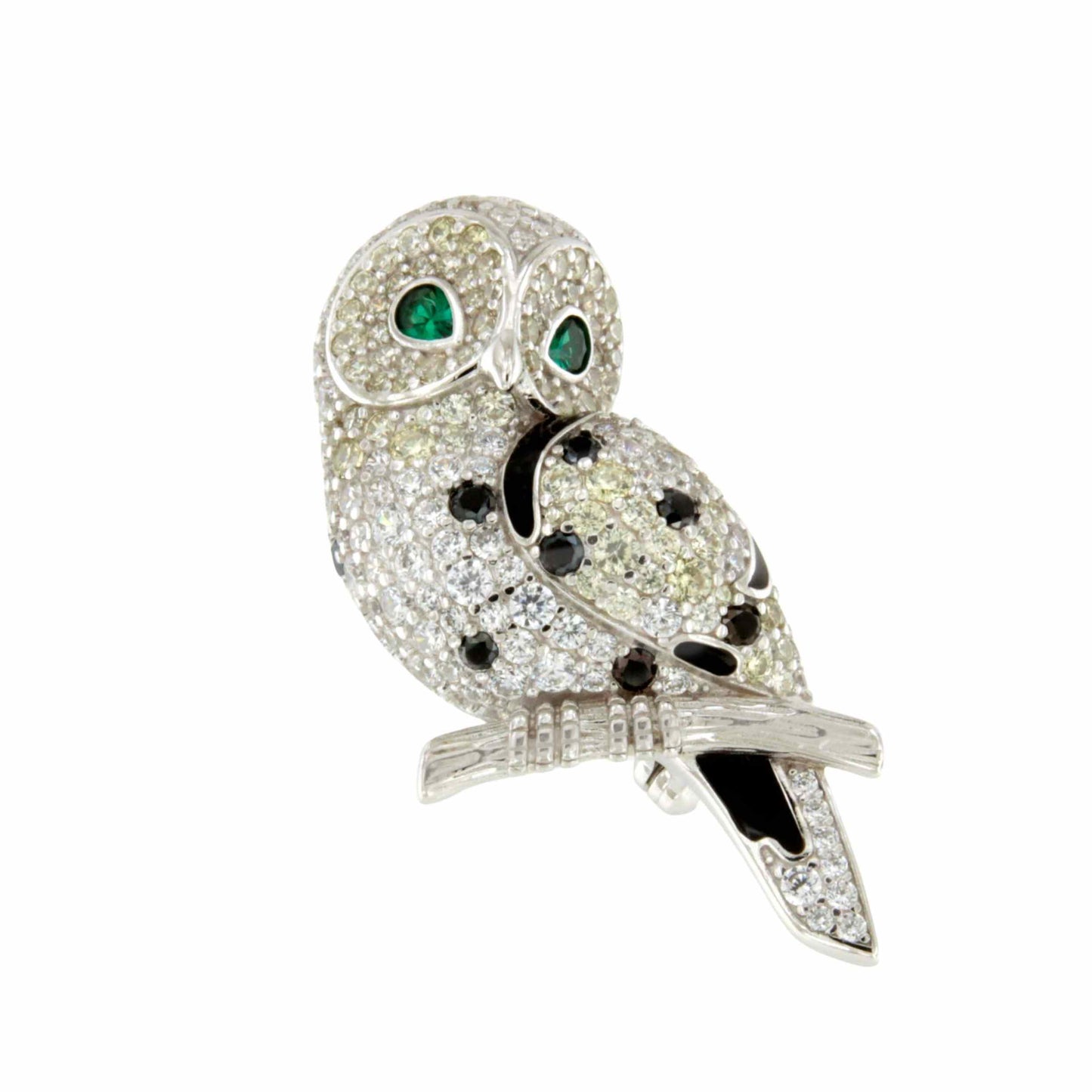 Broche LECHUZA plata de 925 ml con circonitas blancas y negras
