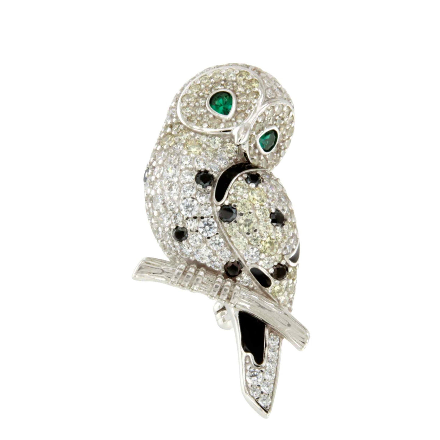 Broche LECHUZA plata de 925 ml con circonitas blancas y negras