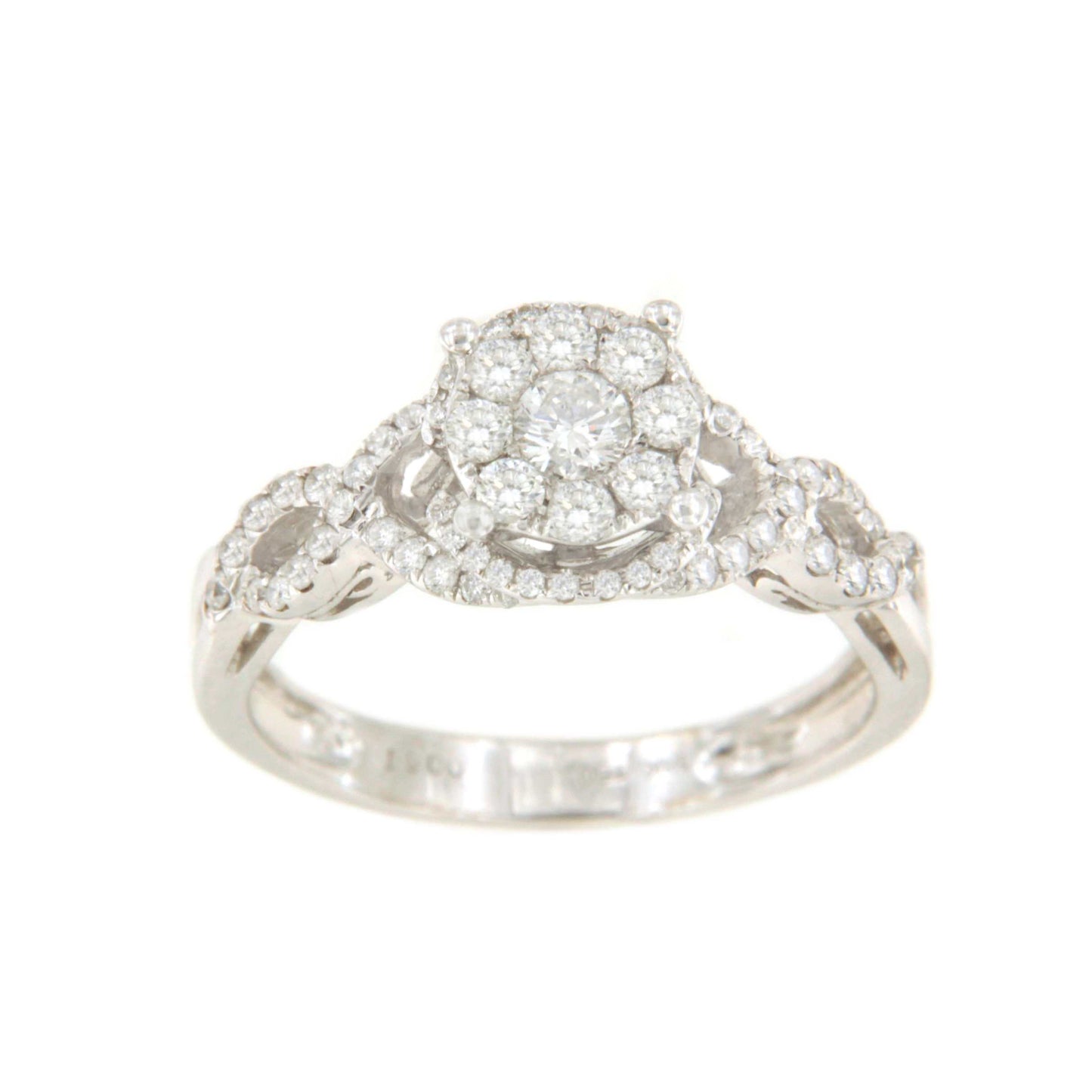 ACAI ring with rosette and halo and diamonds in 18-karat white gold