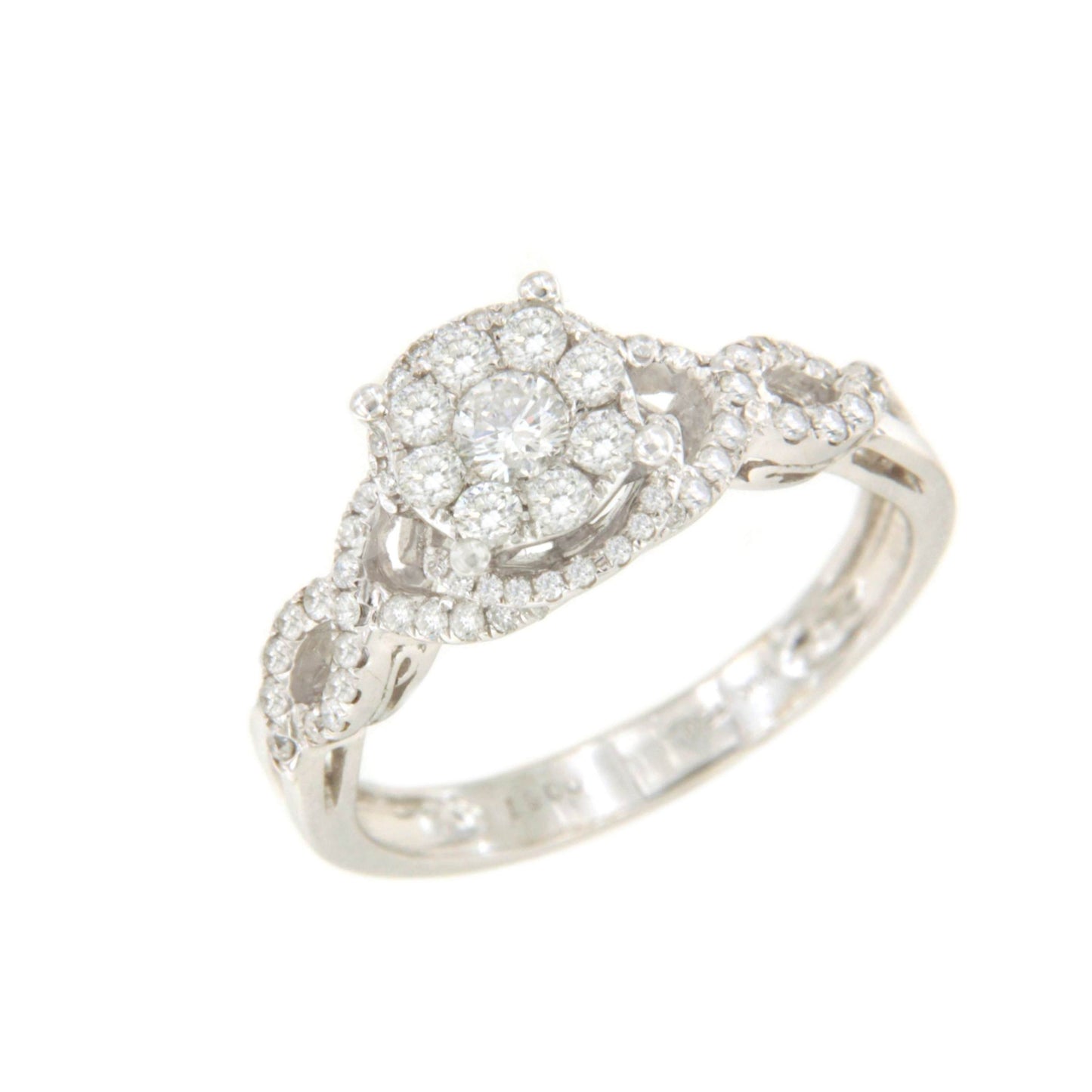 ACAI ring with rosette and halo and diamonds in 18-karat white gold