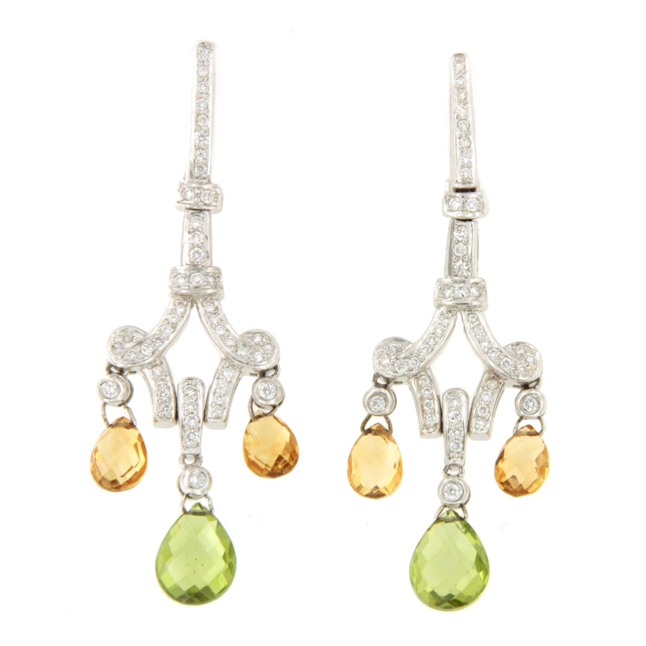 Mandarin long earrings in 18k white gold with rubies and diamonds