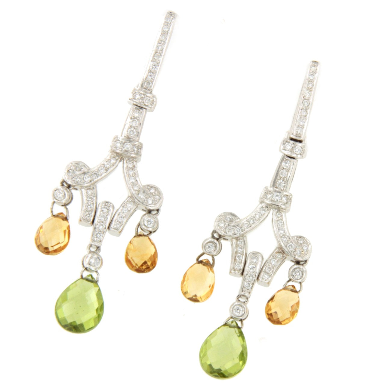 Mandarin long earrings in 18k white gold with rubies and diamonds
