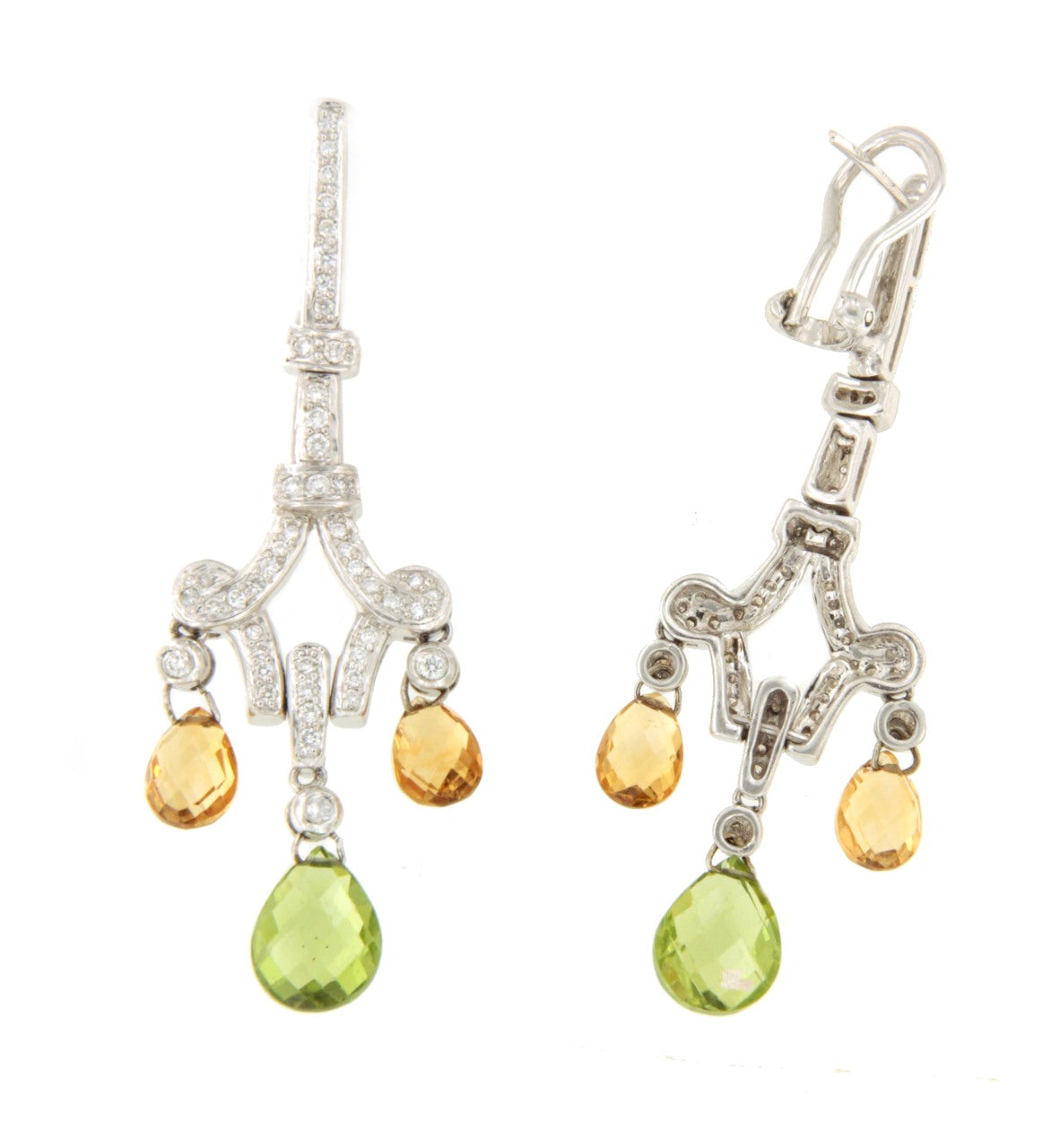 Mandarin long earrings in 18k white gold with rubies and diamonds