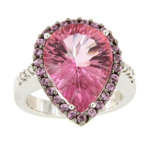 Anillo ABADES morganita con brillante y zafiros rosas en oro blanco 18 ktes