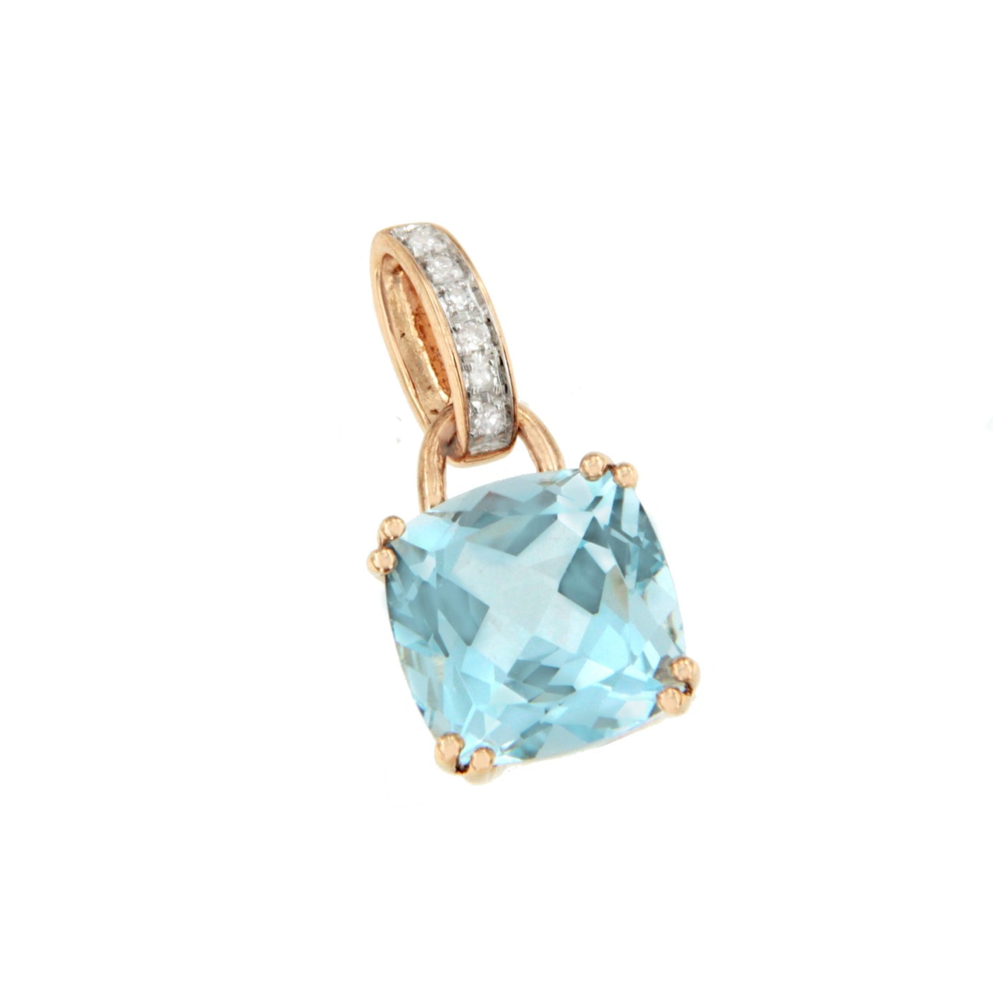 Colgante CUPULA en oro rosa 14 ktes con brillantes y topacio azul