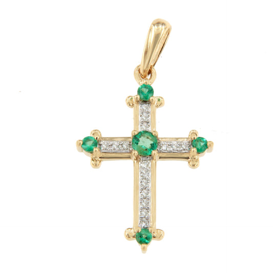 CLARIVA cross in 14k gold with diamonds and sapphire/emerald
