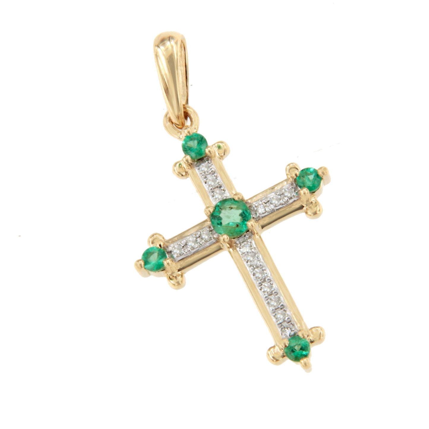CLARIVA cross in 14k gold with diamonds and sapphire/emerald