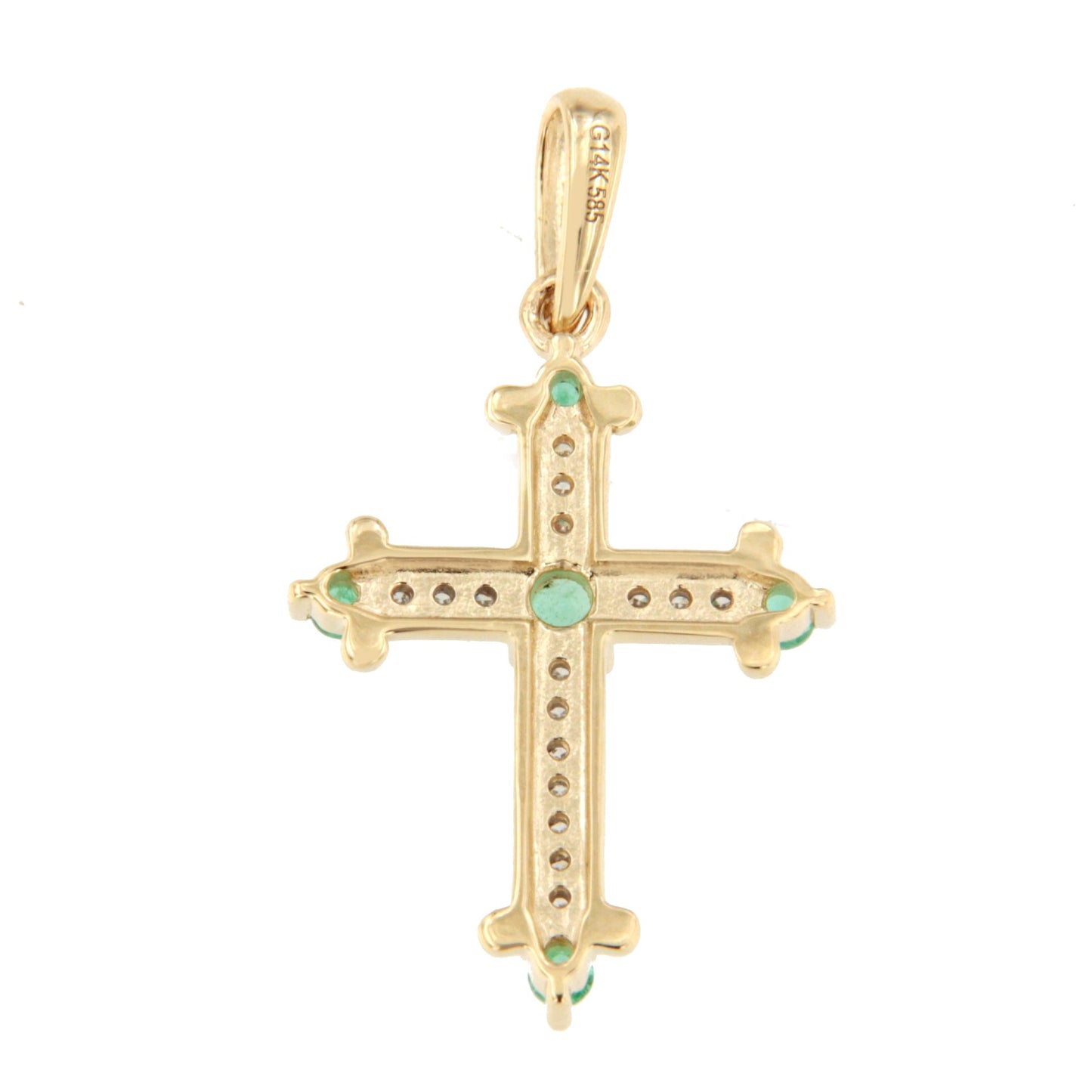 CLARIVA cross in 14k gold with diamonds and sapphire/emerald