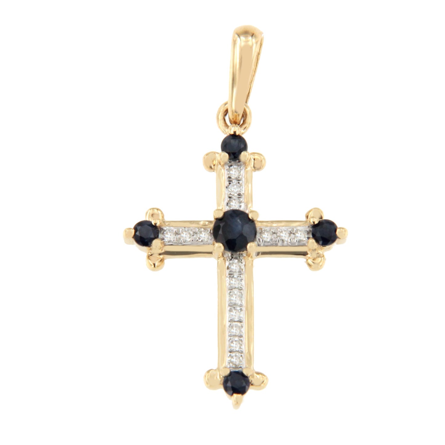 CLARIVA cross in 14k gold with diamonds and sapphire/emerald