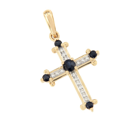 CLARIVA cross in 14k gold with diamonds and sapphire/emerald