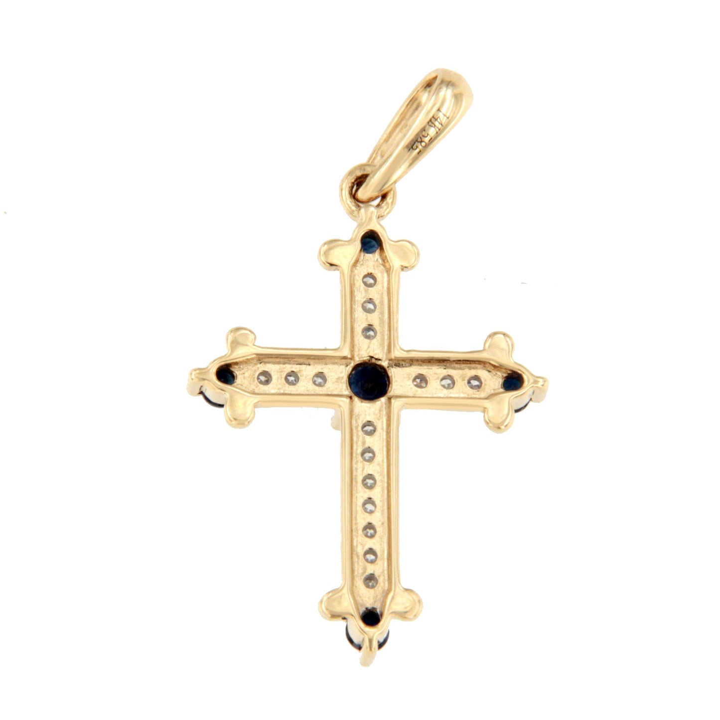 CLARIVA cross in 14k gold with diamonds and sapphire/emerald