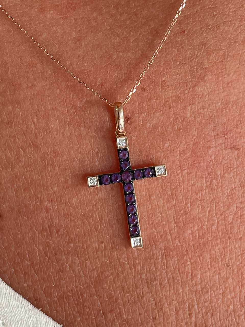 ESVARA cross in 14k yellow gold with diamonds and emeralds