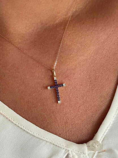 ESVARA cross in 14k yellow gold with diamonds and emeralds