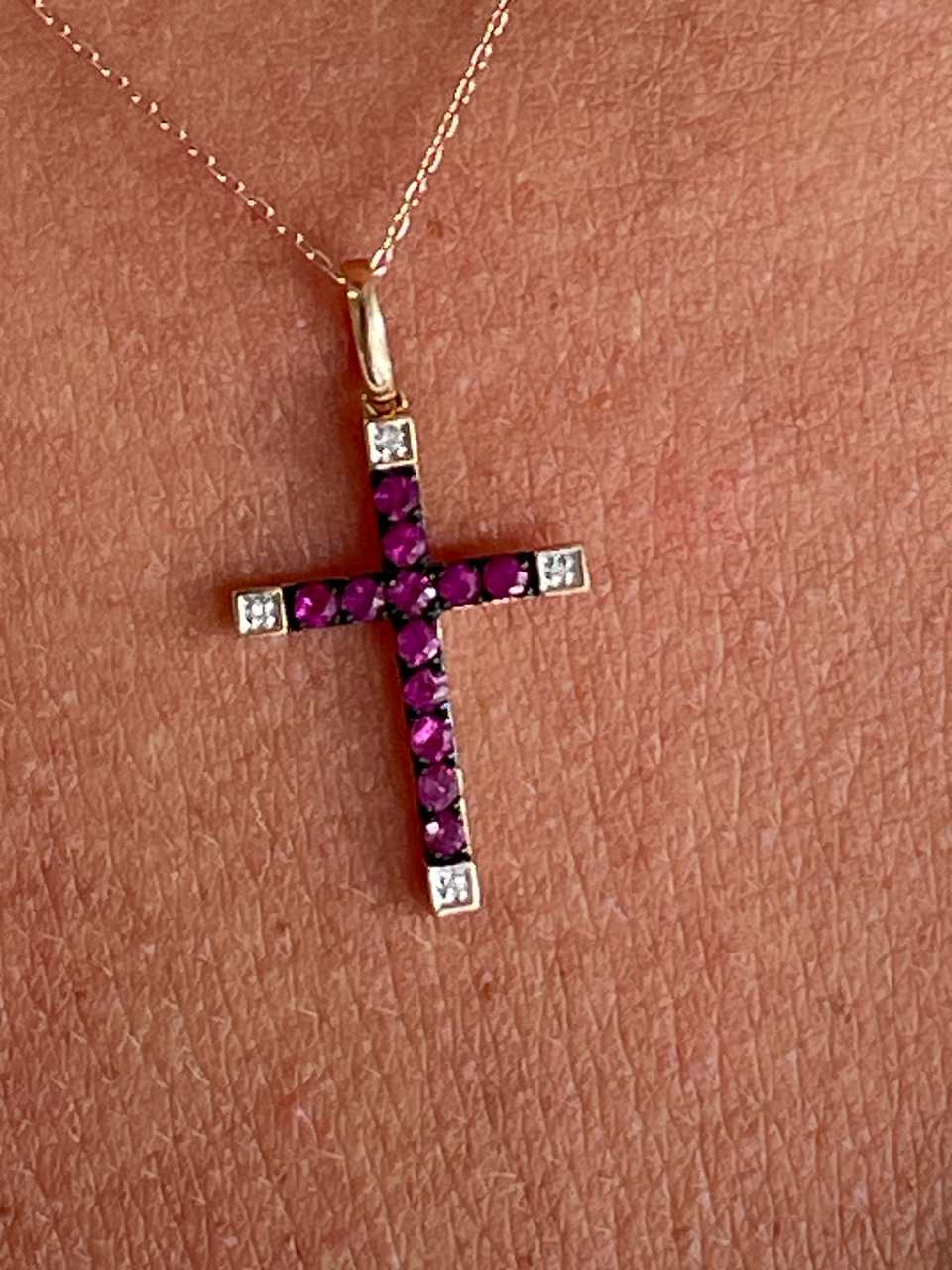 ESVARA cross in 14k yellow gold with diamonds and emeralds