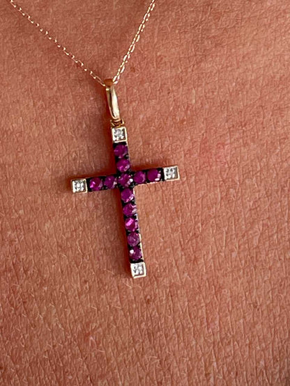 ESVARA cross in 14k yellow gold with diamonds and emeralds