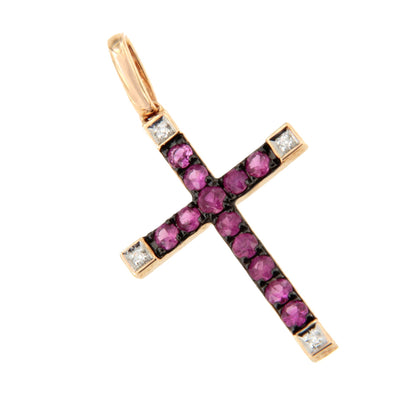 ESVARA cross in 14k yellow gold with diamonds and emeralds