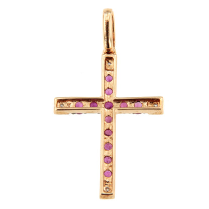 ESVARA cross in 14k yellow gold with diamonds and emeralds