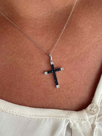 ESVARA cross in 14k yellow gold with diamonds and emeralds
