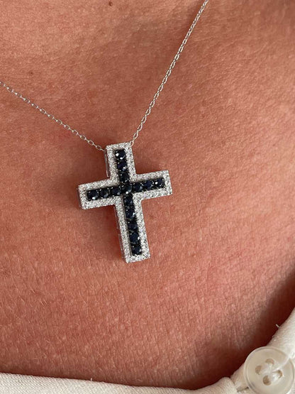 Cruz MINBO con zafiros o rubies con brillantes en oro 14 ktes