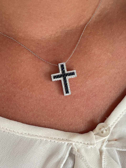 Cruz MINBO con zafiros o rubies con brillantes en oro 14 ktes