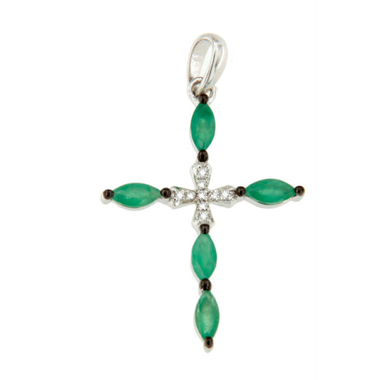 CLARIVA cross in 14k gold with diamonds and sapphire/emerald